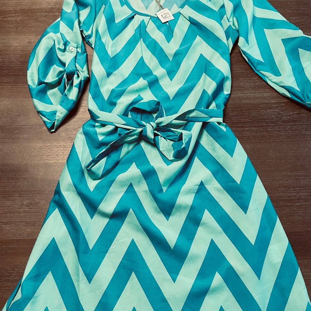 Blue A-Line Dress with Bishop Sleeves and Scoop Neck